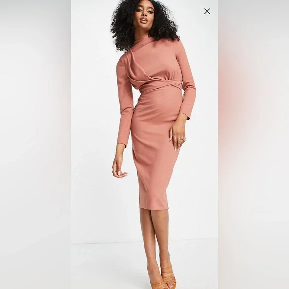 ASOS Design high neck shoulder pad twist front midi dress in terracotta-Pink ASOS Design high neck shoulder pad twist front midi dress in terracotta-Pink